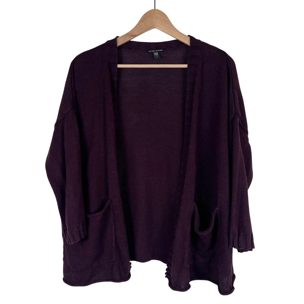 Eileen Fisher Womens Plum Purple Linen Cotton Open Front Cardigan Sweater S/P